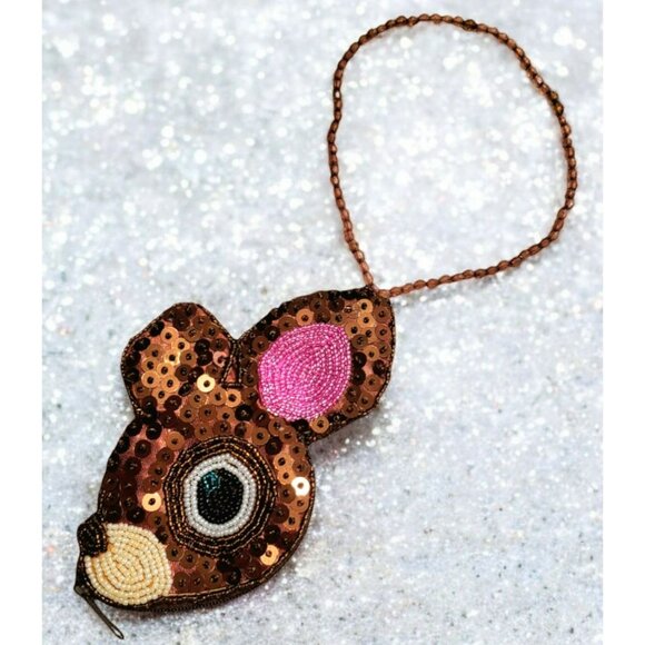 Rare Sanrio Deery-Lou Coin Purse Sequin Beaded Wrist Strap Brown Reindeer Pouch